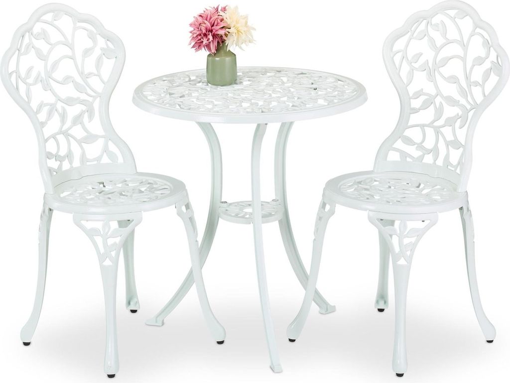 Bistro-Set aus weißem Metall - Tisch und 2 Stühle, Blattmuster