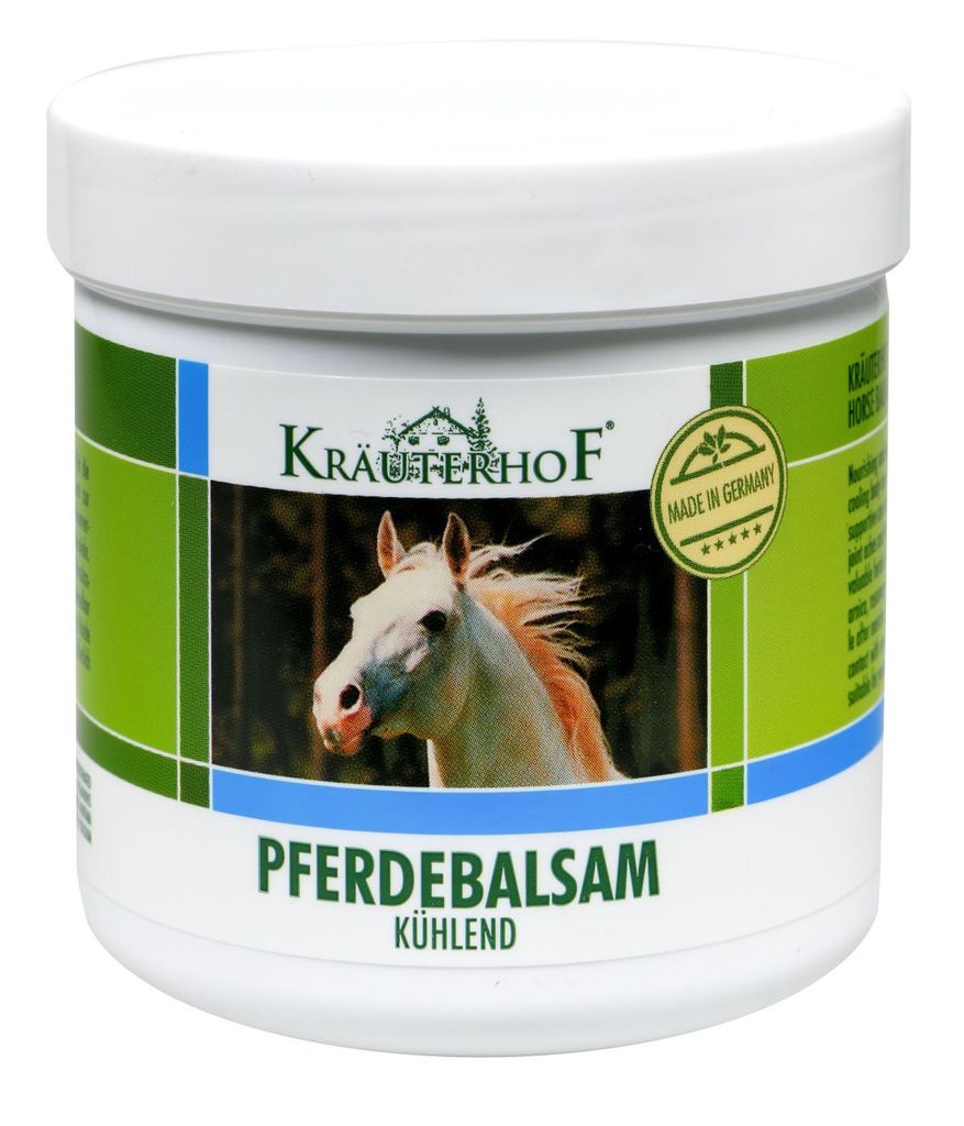 A white tub of Kräuterhof Pferdebalsam kühlend (Horse Balm Cooling).
