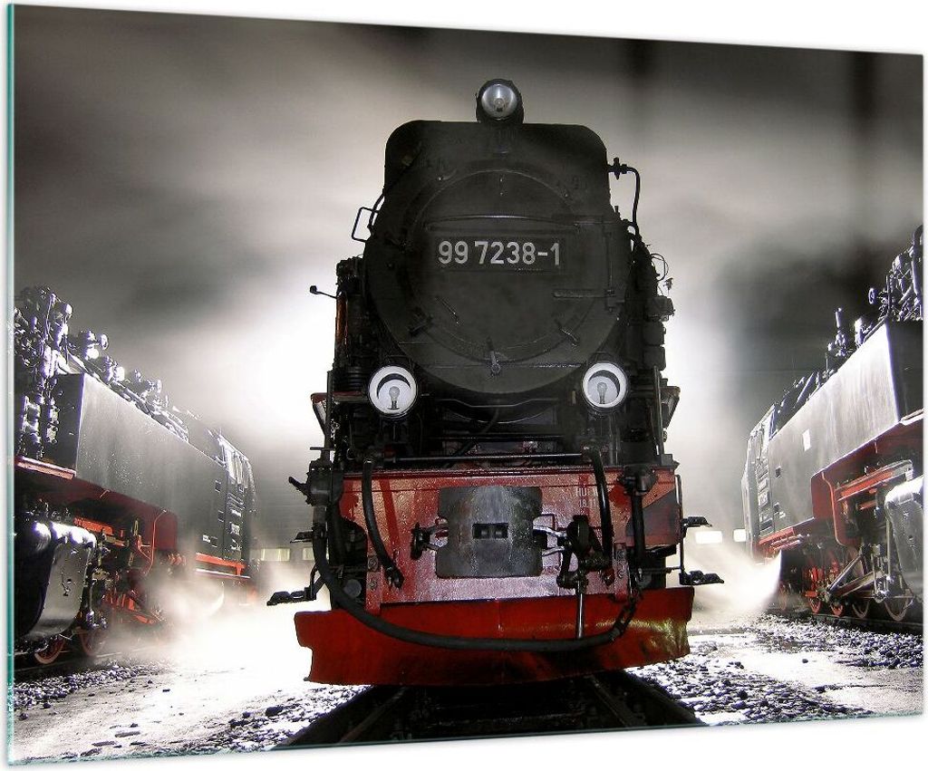 Bilder auf glas - Dampflokomotive Gleise Nebel - 100x70cm - Produktbild 