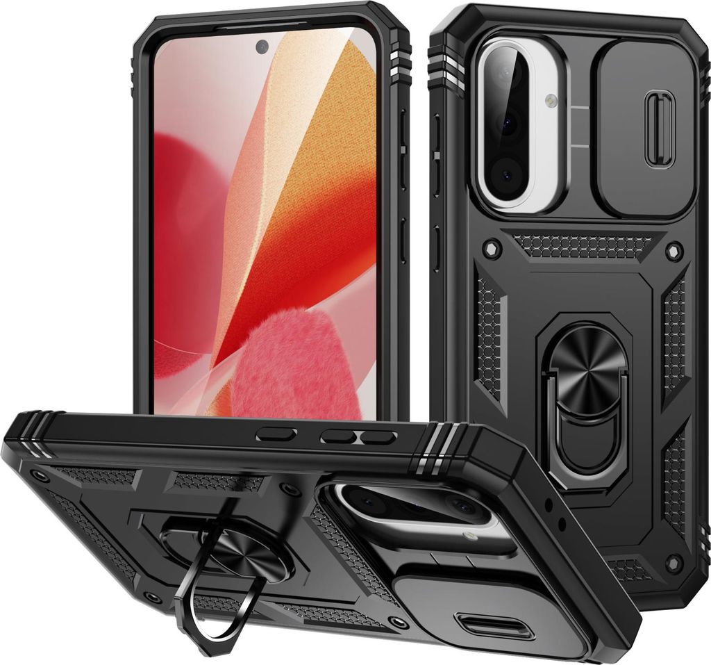 Hülle für Samsung Galaxy A56, Schiebe Kamera Schutz Stoßfest Schutzhülle mit Ringhalterung Ständer Schwarz
