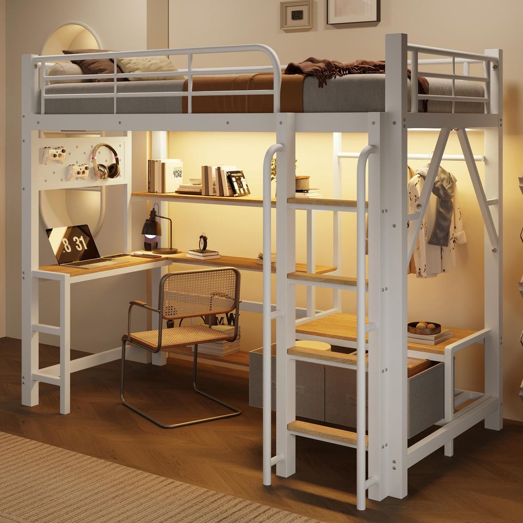 Hoogslaper 90 x 200 cm met bureau, planken, 2 stoffen Productafbeelding 