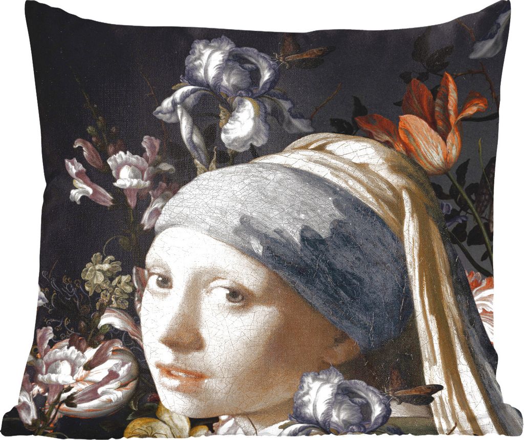 MuchoWow Zierkissen Sofakissen Wohnzimmer Dekokissen 60x60 cm Gemälde - Blumen - Vermeer - Sitzfläche - Foto Polster