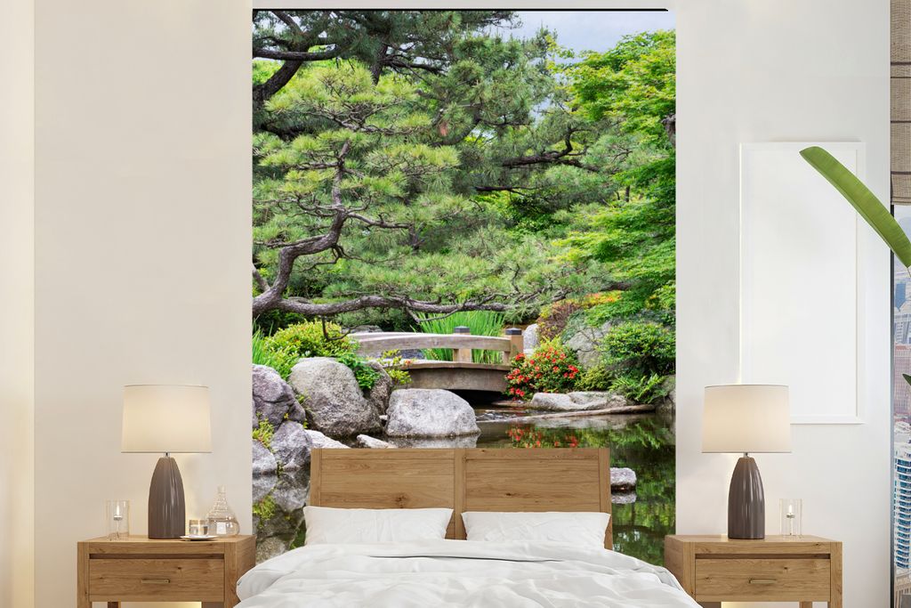 MuchoWow Fototapete für Wohnzimmer oder Schlafzimmer Wandtapete Vinyl Motivtapete Japanisch - Natur - Wasser - Steine - Bäume - 155x240 cm - Ta...