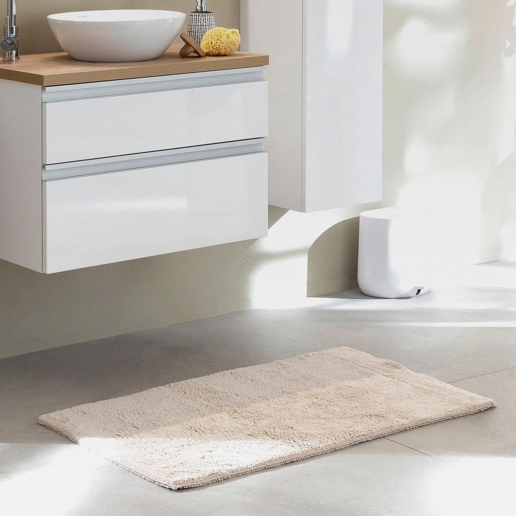 Badteppich einfarbig beige 40 x 60 cm – waschbare Badematte rutschfest - 100% Baumwolle – Badvorleger Trockner geeignet – Duschvorleger Badez...