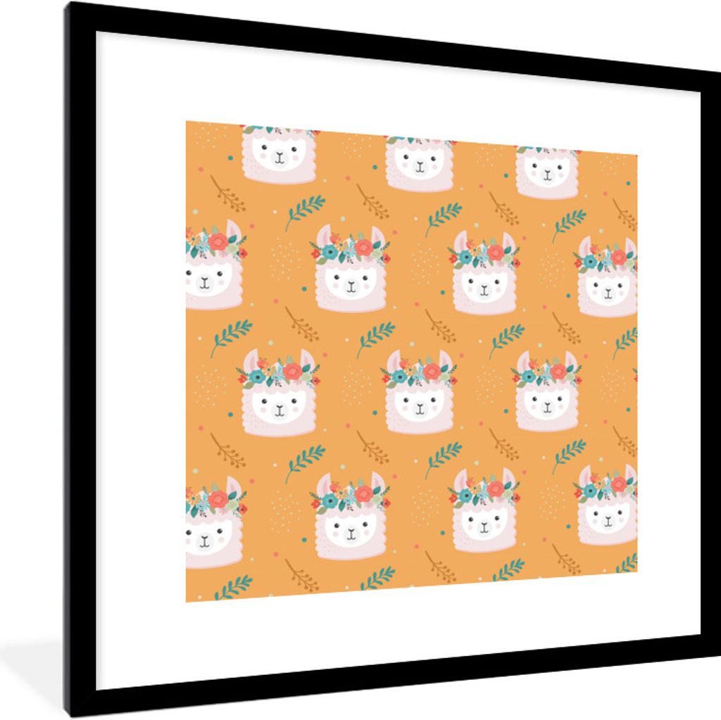 MuchoWow Gerahmtes Poster Lama - Blumenkranz - Schnittmuster 40x40 cm - Poster mit Schwarzem Bilderrahmen Wandposter Rahmen Foto Bilder - Poster ...