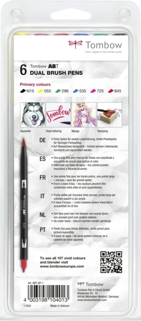 Tombow ABT-6P-1 Set de 6 Feutres Pinceaux Dual Brush Pen Couleurs Primaires