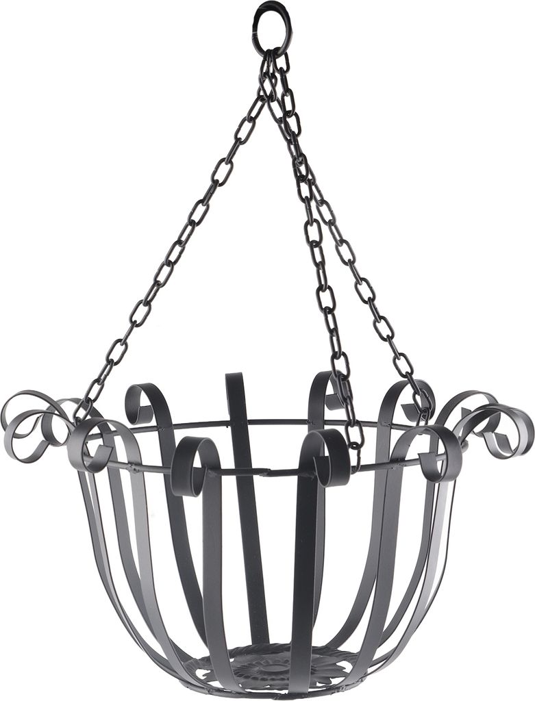 A black metal hanging basket with chains, isolated on a white background.