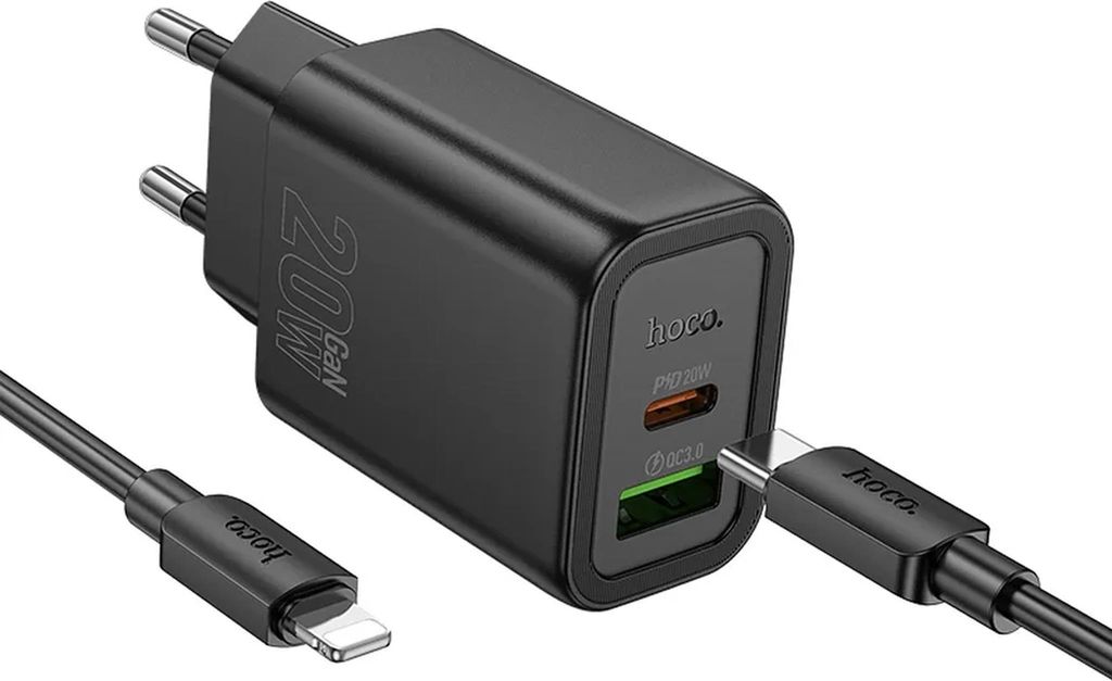 Hoco Ladegerät 20W GaN USB-C + USB-A Netzteil | Schnellladegerät PD QC 3.0 | Handy Ladegerät schwarz für iPhone & Samsung Smartphone Ladeadapte...