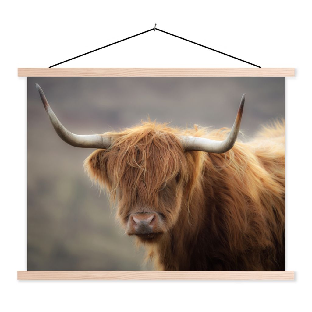 MuchoWow Textilposter Schottischer Highlander - Hörner - Haare 120x90 cm mit holzfarbenen Rahmen - Magnetisch