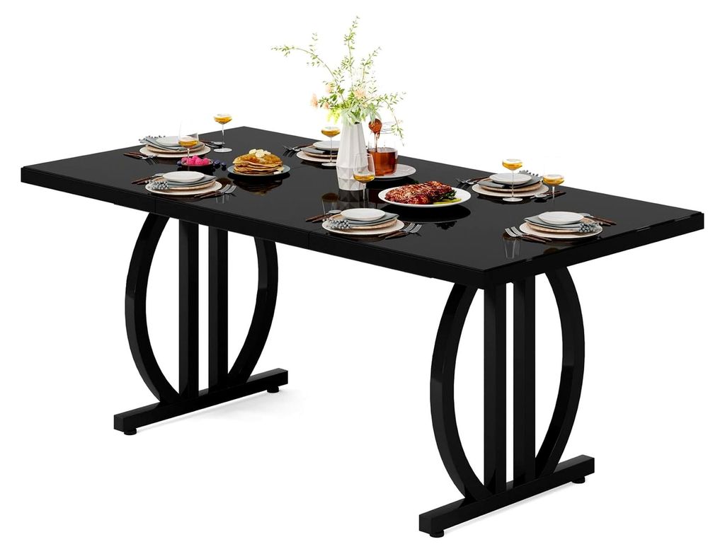 Esstisch für 4-6 Personen, 160x80 cm, schwarzer Esszimmertisch mit schwerem Metallrahmen, moderner industrieller rechteckiger Küchentisch