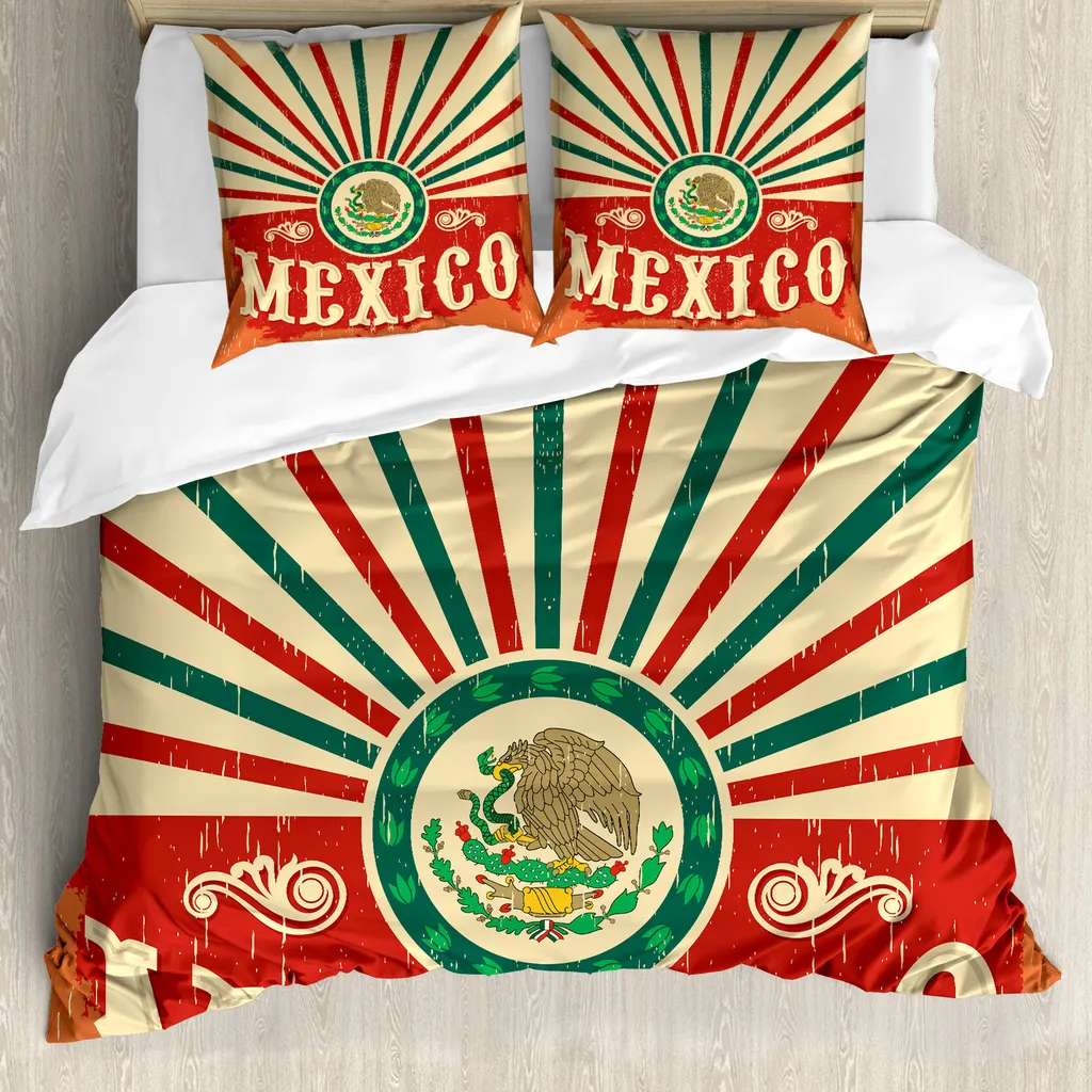 ABAKUHAUS Copripiumino messicano, effetto poster vintage, antiacaro, adatto a chi soffre di allergie, con federe, 200 cm x 200 cm - 80 x 80 cm, multicolore