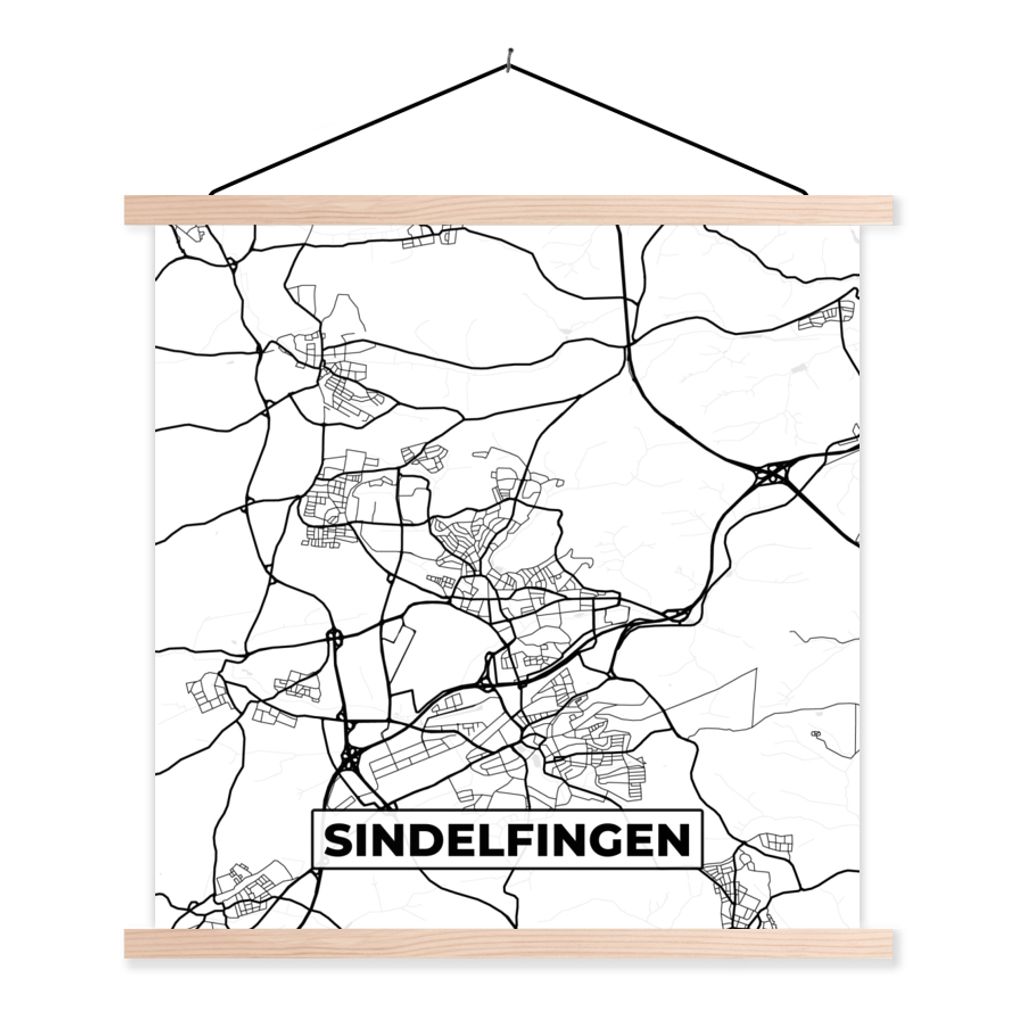 MuchoWow Textilposter Sindelfingen - Karte - Stadtplan 120x120 cm mit holzfarbenen Rahmen - Textil-Poster