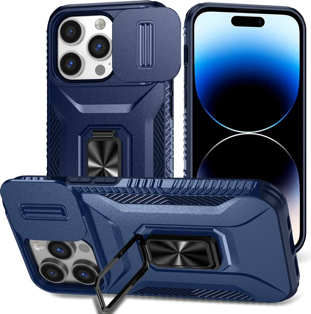 Cover Robusta iPhone 14 Pro con Slider Camera e Ring Stand Blu