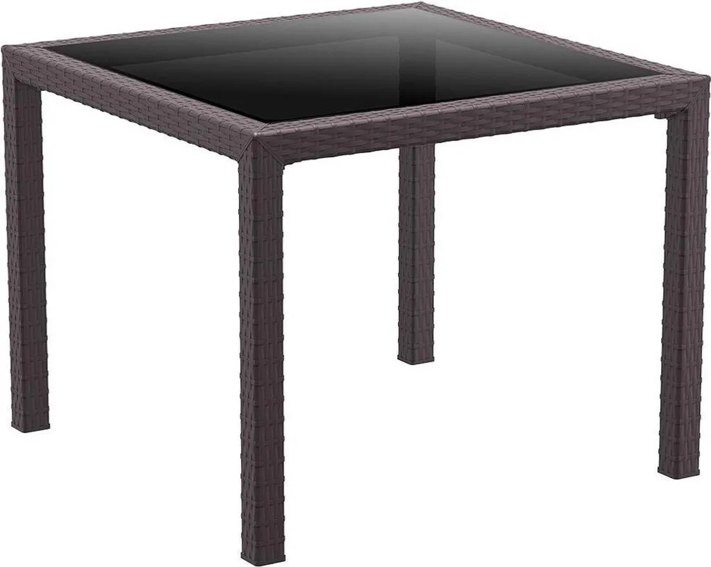 Table de jardin marron aspect rotin tressé pour repas en extérieur