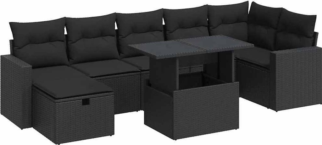 8-tlg. Garten-Sofagarnitur mit Kissen Schwarz Poly Rattan