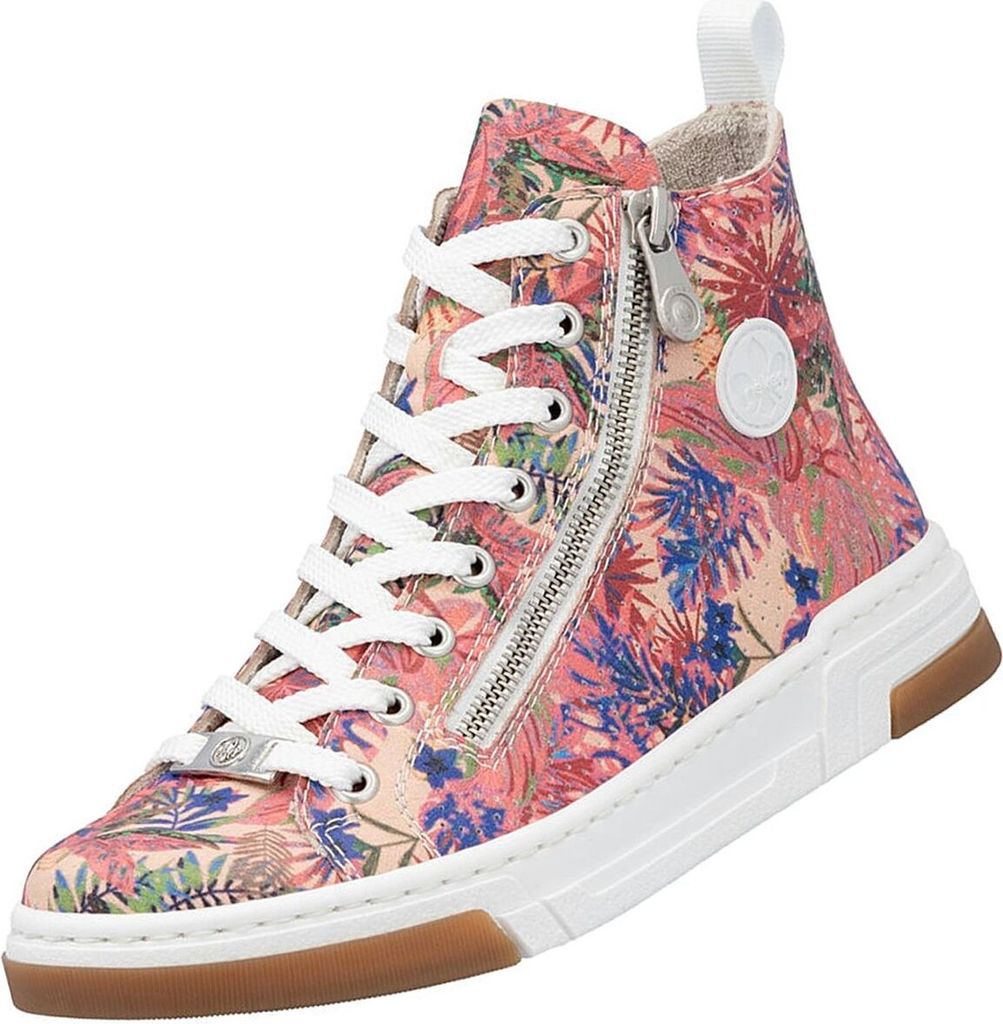 A single high-top sneaker with a floral pattern.