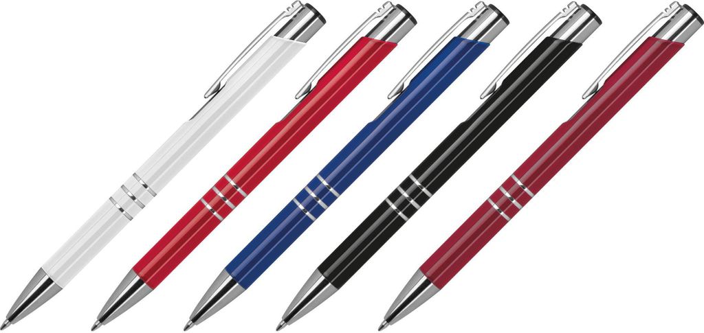 5 Kugelschreiber aus Metall / Farbe: je 1x burgund,schwarz,blau,rot,weiß
