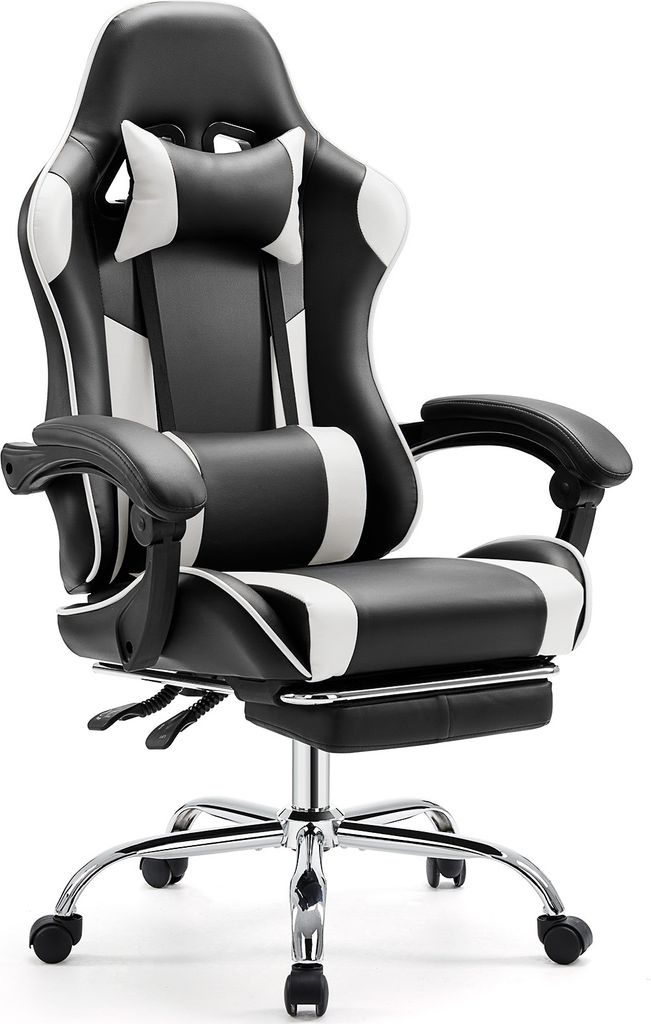 Sweiko Gaming Stuhl ,Schreibtischstuhl mit Fußstütze und bequemer Lendenwirbelstütze,Ergonomisch,Liegesessel mit Kopfstütze,Kunstleder,Weiß,Sc...
