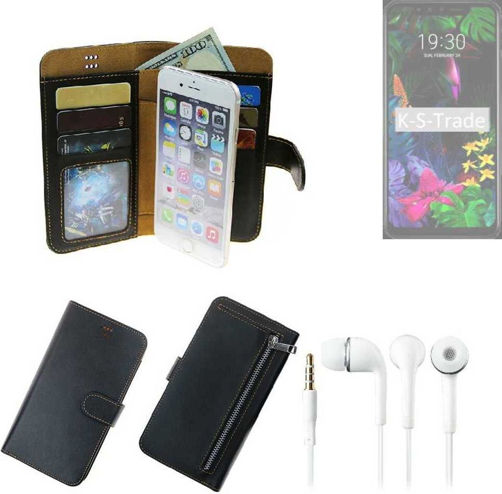 TOP SET Handy Hülle Schutz Hülle kompatibel mit LG Electronics G8s ThinQ schwarz aus Kunstleder + Kopfhörer Smartphone Tasche vollwertige