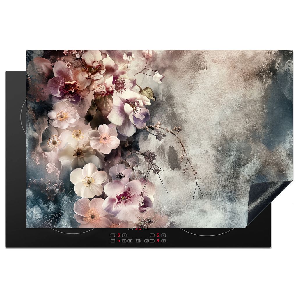 KitchenYeah Herdabdeckplatte Blumen - Rosa - Nebel , 78x52cm, Küche Deko, Glaskeramikkochfeld Herdabdeckung, Abdeckplatte fùr Kochfeld