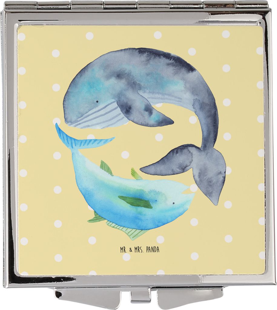 Mr. & Mrs. Panda Schminkspiegel Walfisch Thunfisch - Gelb Pastell - Geschenk, Lustige Sprüche, Kosmetikspiegel, Kleiner Spiegel, Tunfisch, Wahl, M...