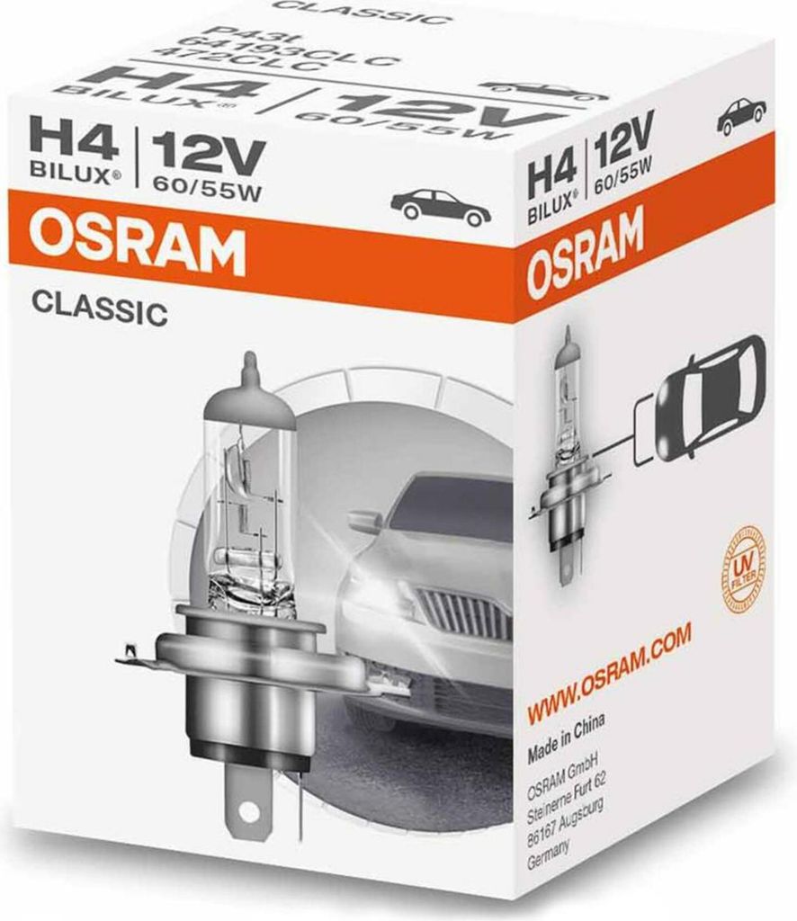 A product box for an OSRAM Classic H4 headlight bulb, showing the bulb and a car.
