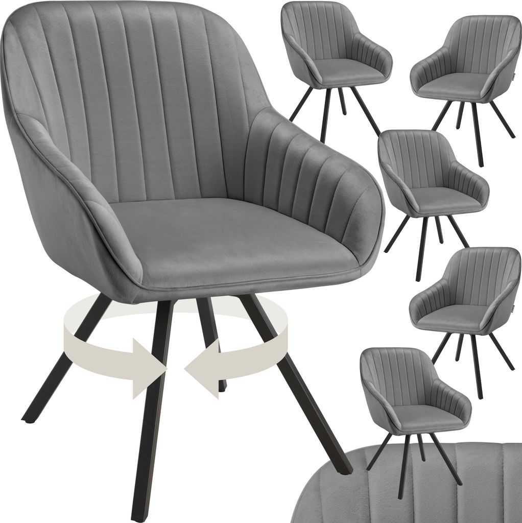 A collage of gray velvet armchairs with black legs, showing different angles and multiple units.