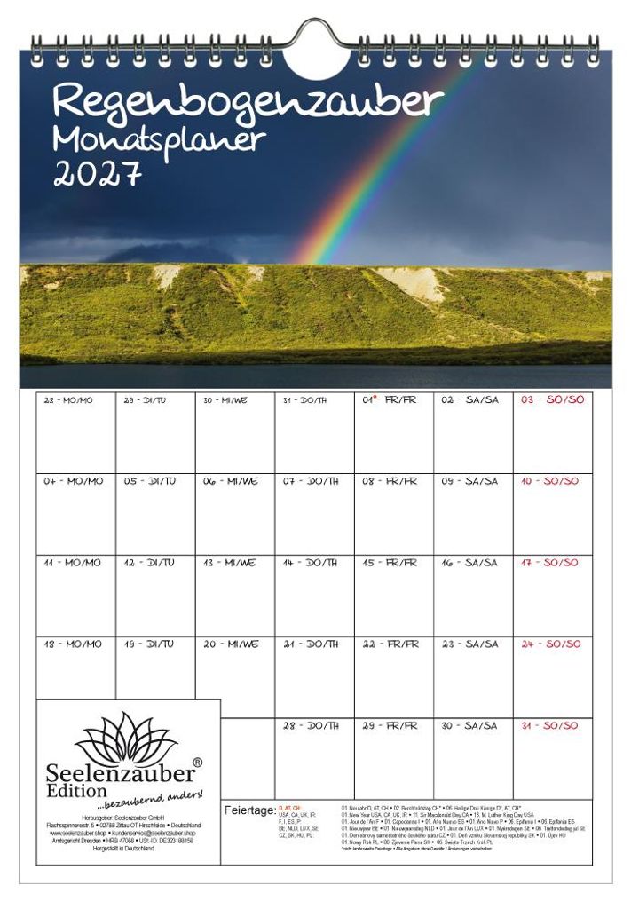 Regenbogenzauber Planer DIN A4 Kalender für 2027 Regenbogen Regenbögen Natur - Seelenzauber