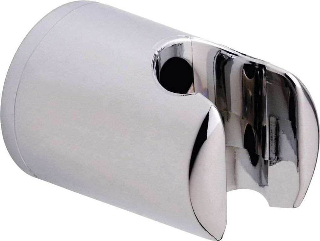 A chrome-plated shower head holder.
