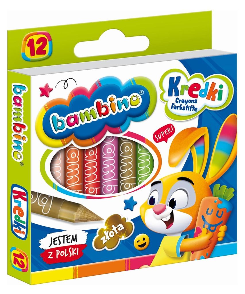 A box of Bambino crayons with a cartoon bunny character.