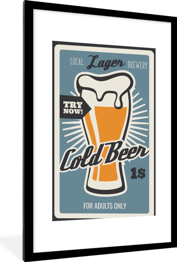 MuchoWow MuchoWow Gerahmtes Poster Mancave - Bier - Vintage - Kaltes Bier 60x90 cm - Poster mit zchwarzem Bilderrahmen - Dekoration - Wandposte...