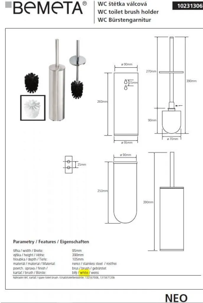 Brosse WC Murale Gain de Place NEO Blanche - Idéal pour Petit Sanitaire - 5