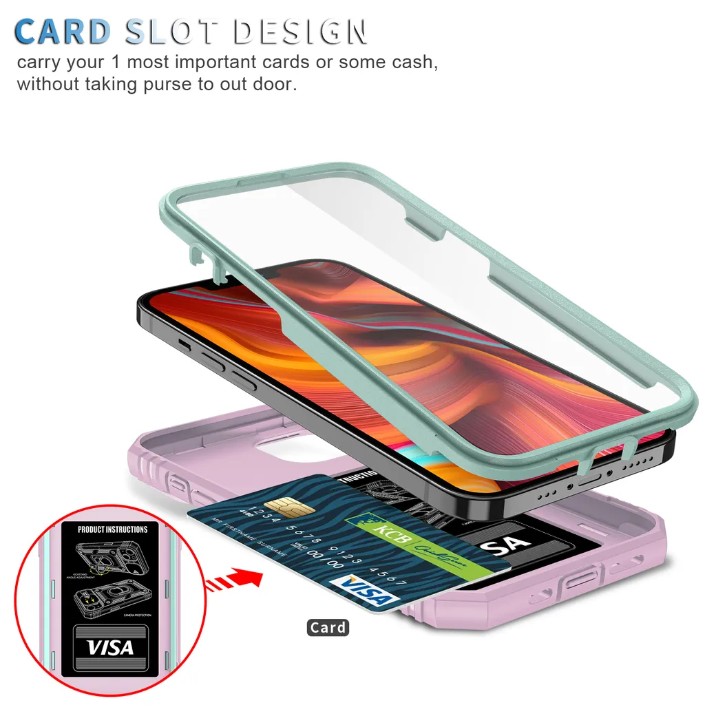 Cover Protettiva iPhone 13 Mini Rosa Verde con Porta Carte e Supporto - 4