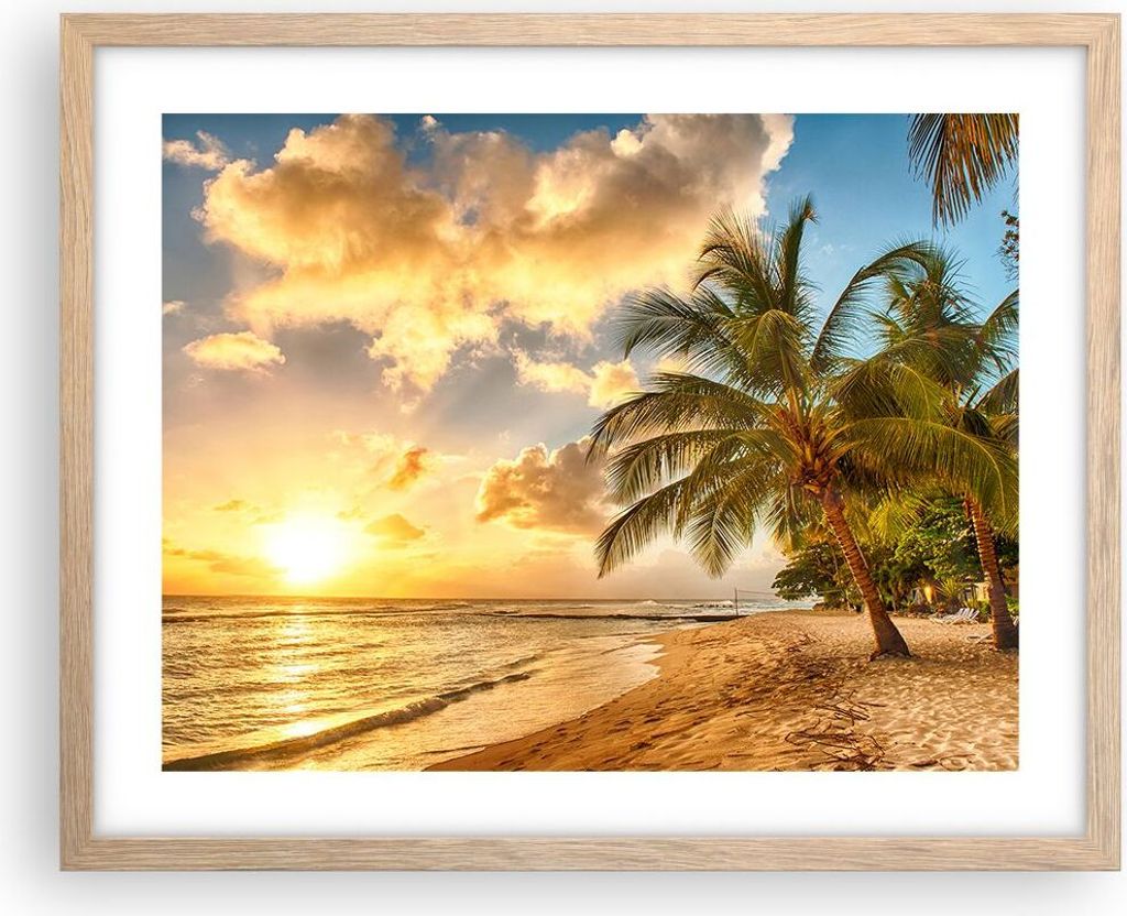 Gerahmtes Poster - Rahmen in heller Eiche - Strand Meer Palme - 50x40 cm - Wand Bild - Wanddeko - Wandbilder - Wandposter - Bilderrahmen - Bilder -...