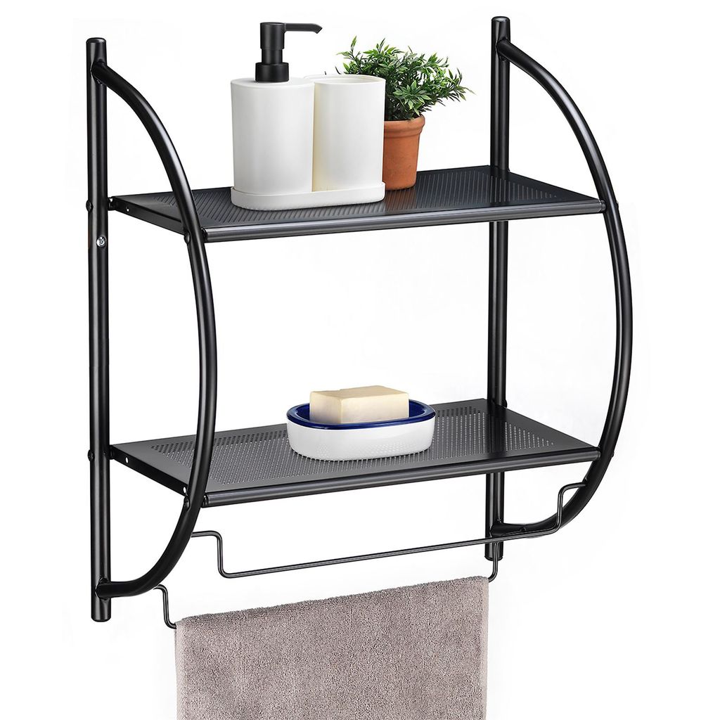 A bathroom shelf with toiletries and a towel.