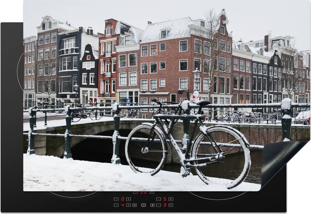 KitchenYeah Herdabdeckplatte Amsterdam - Fahrrad - Winter , 78x52cm, Küche Deko, Glaskeramikfeld Herdabdeckung, Abdeckplatte fùr Kochfeld