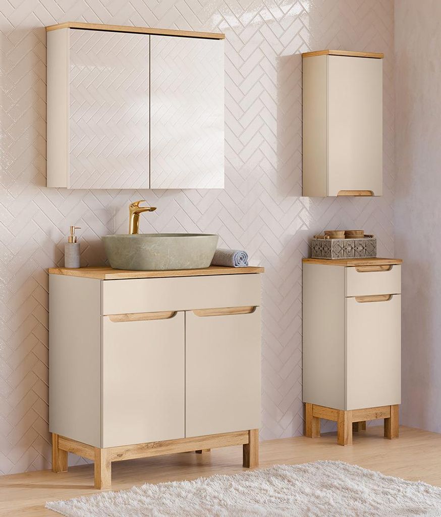 Badmöbel-Set 4-teilig mit 80 cm Waschtisch & Spiegelschrank in kaschmir und Eiche, modern grifflos - SOLNA-56-CASHMERE