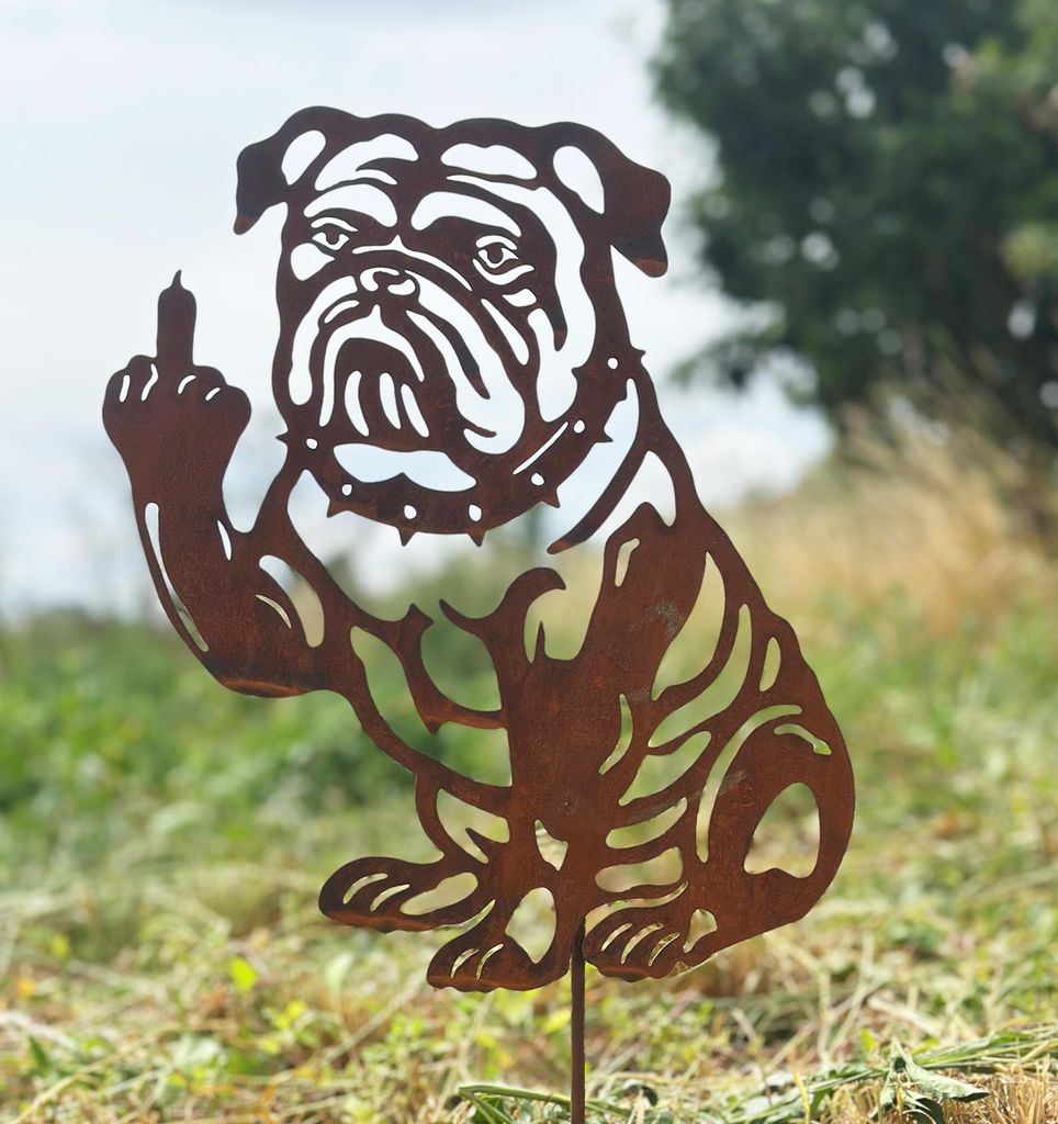 Gartenfigur Hund Bulldogge mit Stinkefinger 35x30cm Gartenstecker Edelrost Gartendeko Wetterfest Rost Metall Rostfigur Hunde Figur Tier