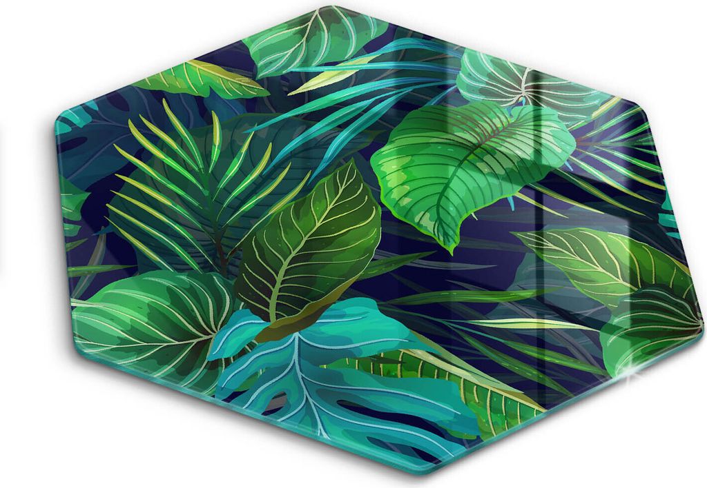 Glasschneideplatte - Herdabdeckplatte - Hexagon 40 cm -Schneidebrett - Spritzschutz - Illustration der Dschungelblätter