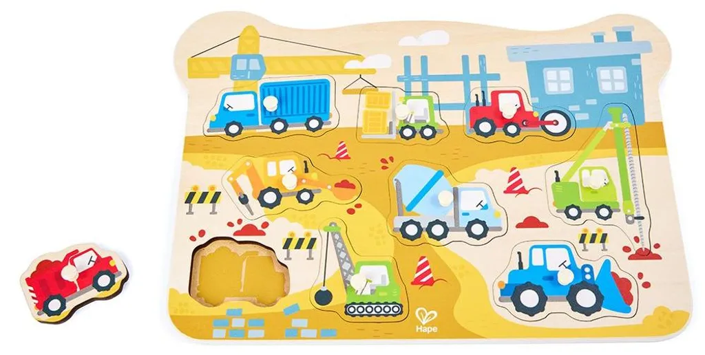 Jouet d'éveil en bois Véhicules de chantier : Puzzle Montessori Hape