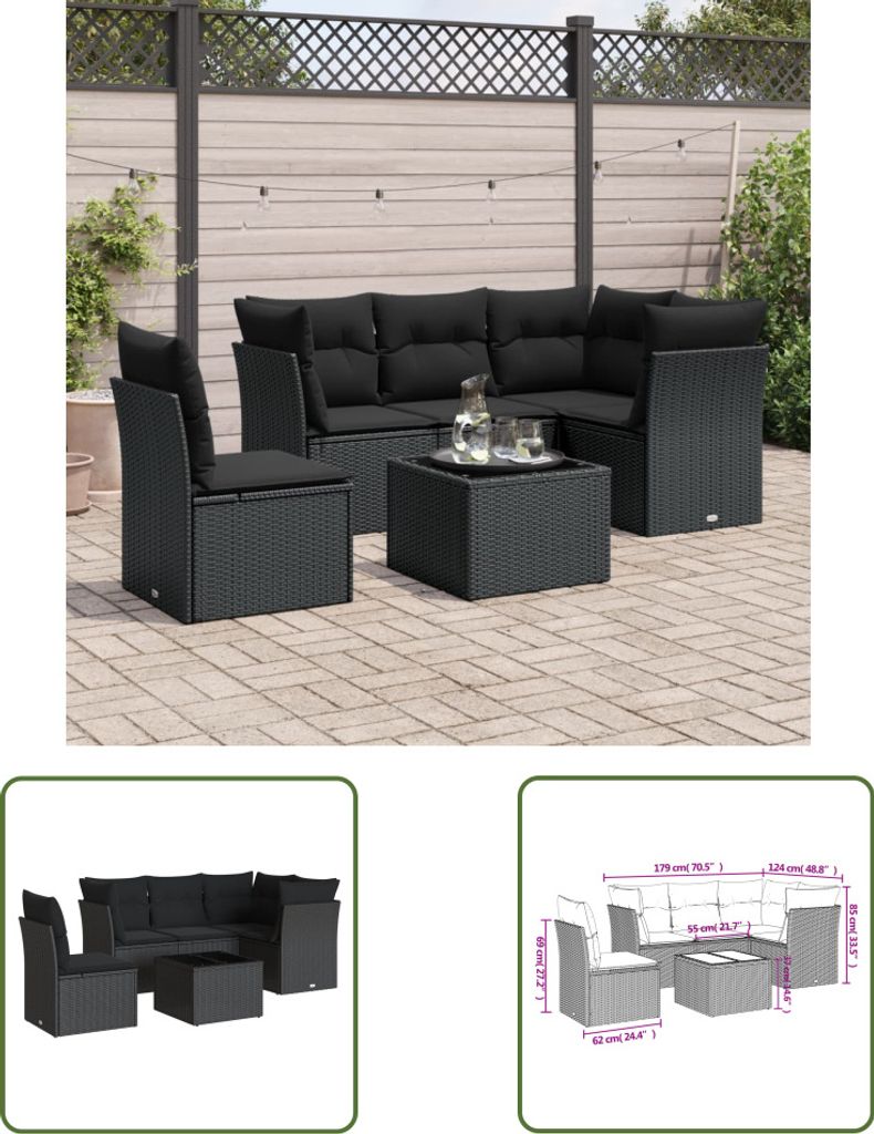 The Living Store 6-tlg. Garten-Sofagarnitur mit Kissen Schwarz Poly Rattan