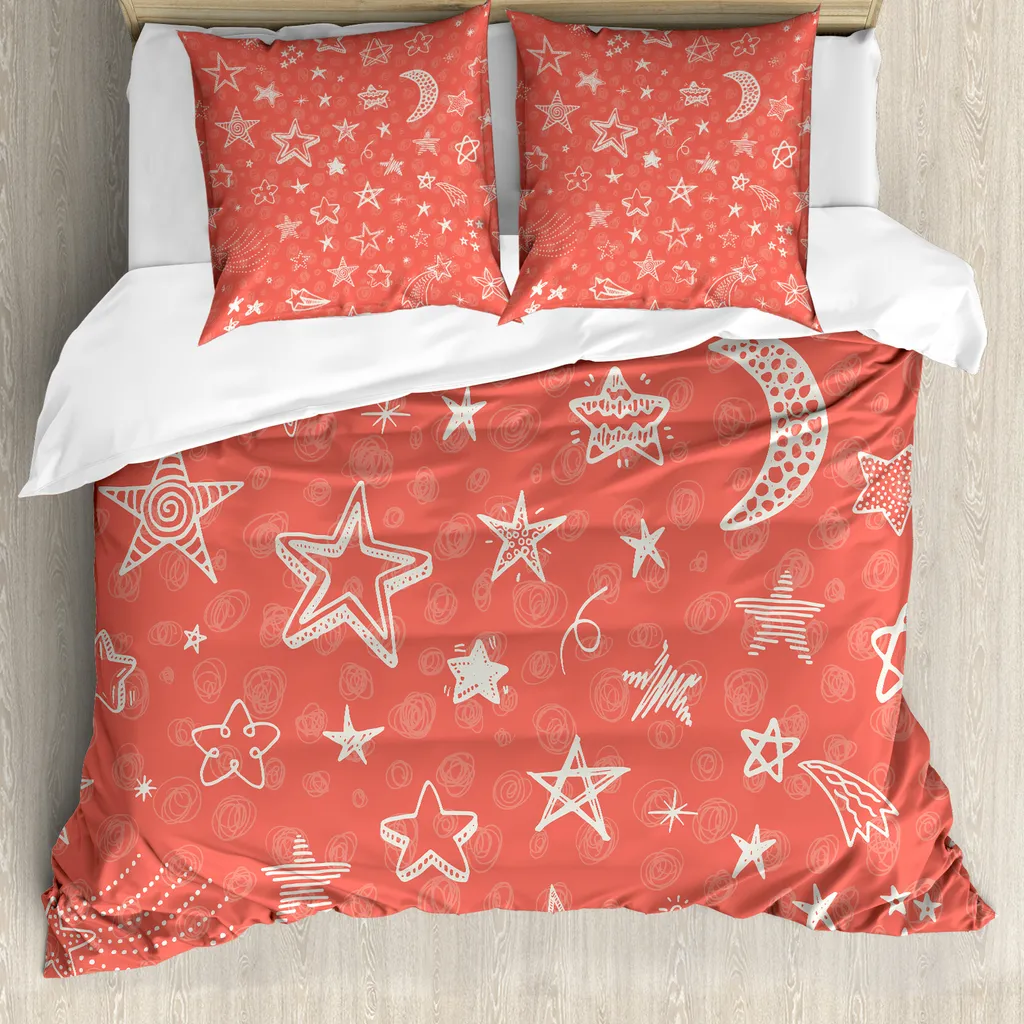 ABAKUHAUS Star Copripiumino, Luna e stelle Camera Kid, Antiacaro Adatto a chi soffre di allergie con federe, 155 cm x 220 cm - 80 x 80 cm, Corallo Bianco