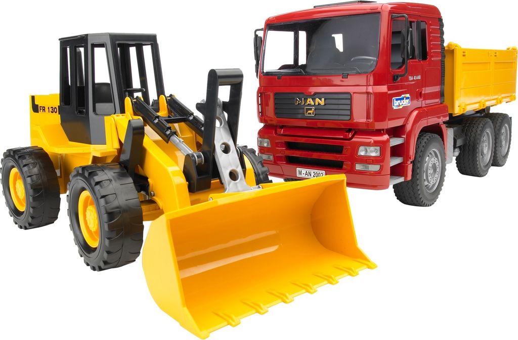A yellow front loader and a red dump truck are displayed side-by-side against a white background.