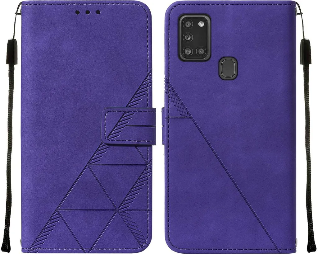 Custodia in pelle flip per Samsung Galaxy A21S con design a portafoglio e goffratura, porta carte e supporto Viola