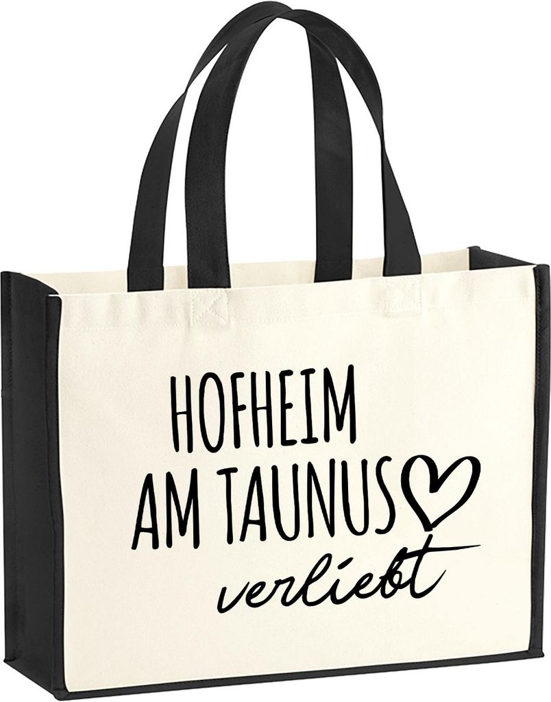 Huuraa Jutetasche Hofheim am Taunus verliebt 21 Liter Black Jute und Baumwolle Einkaufstasche Geschenkidee