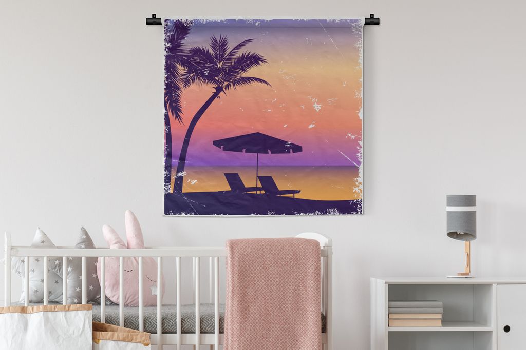 MuchoWow Wandteppich Wandbehang Strandkorb - Sonnenschirm - Nacht - Aquarell 90x90 cm Tapisserie Dekoration Wandtuch - Wandaufhänger