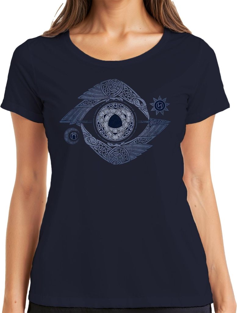 Wikinger Valknut Auge Raben Knotenmuster Nordische Mythologie Damen T-Shirt, Navy, L