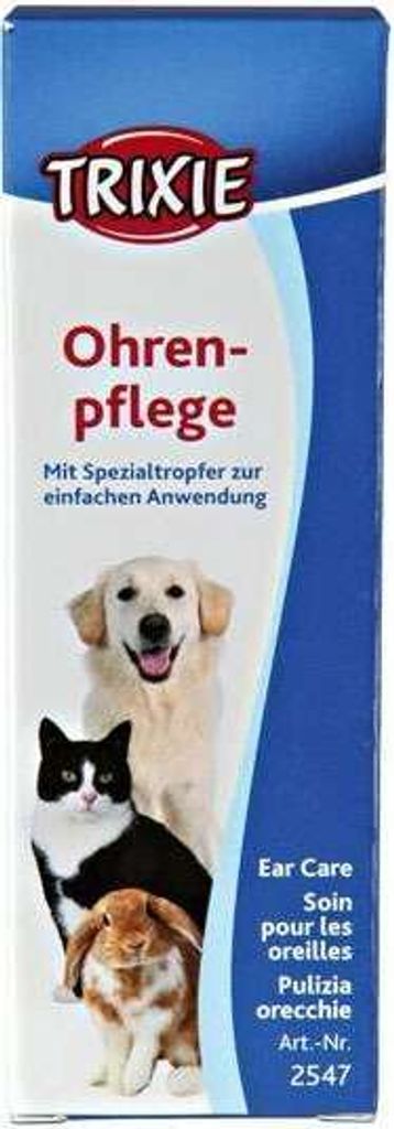 A product box for Trixie Ohrenpflege, featuring images of a dog, cat, and rabbit.