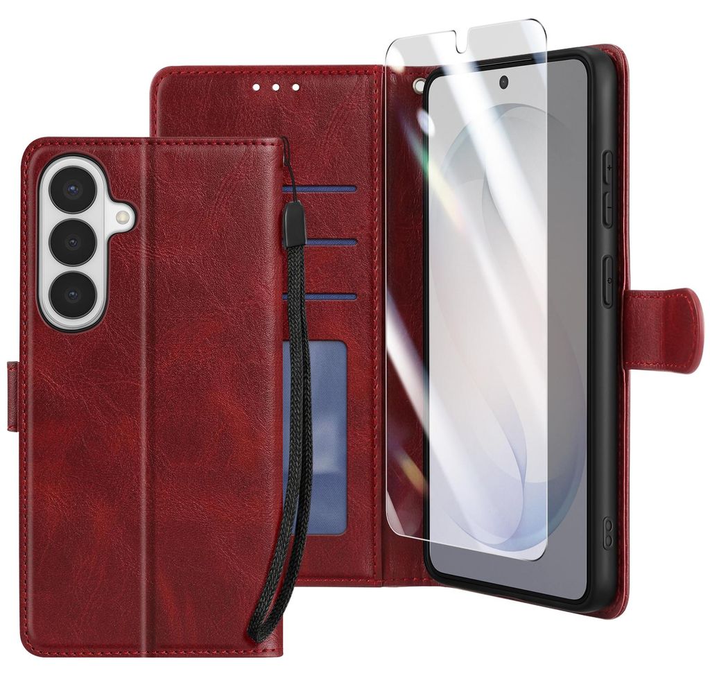 Enkay, Wallet Etui mit Panzerglas und Handschlaufe für Galaxy S26, Bordeaux