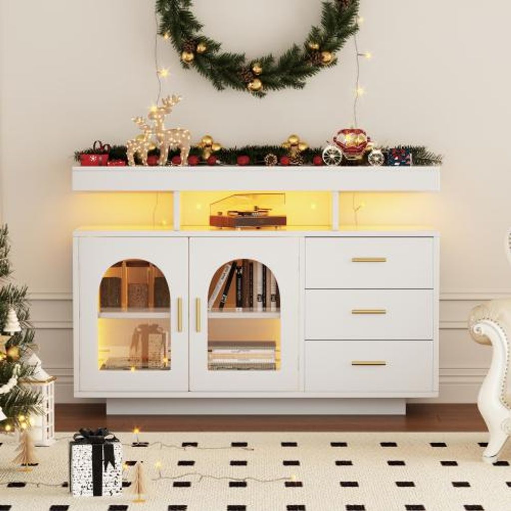 LED-Sideboard Buffetschrank 120x40x80 cm Weiss Grosser Kaffeebarschrank Schubladenschrank Hochglanz Kuechenschrank Mit 16-Farben-Lichtern Das Esszi...